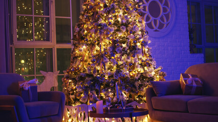 Cozy living room with a beautifully decorated christmas tree glowing with warm lights, creating a magical festive atmosphere for the holiday season