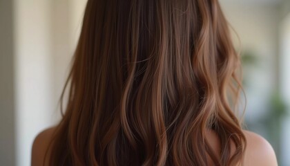 Obraz premium A person with long, wavy brown hair is turned away, showcasing the beautiful waves and shine. Neutral background that highlights hair texture. Hair care, the effect of cosmetics Generative AI