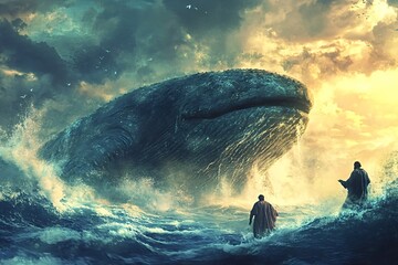Obraz premium Two men amazed by colossal whale emerging from ocean, creating massive waves. Giant sea creature moves gracefully, leaving them in awe. Epic scene with storm clouds and setting sun adds drama