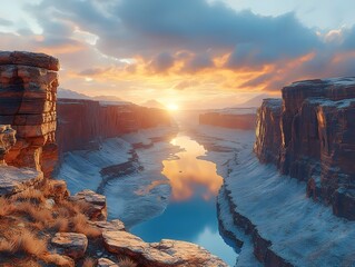 Stunning sunset view over a serene canyon river, framed by majestic cliffs and vibrant skies reflecting in calm waters, creating a breathtaking natural scene.