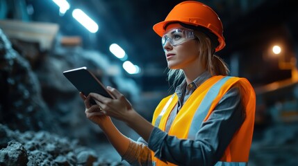 Female engineer using digital tablet in underground mine. Industrial technology and safety concept.