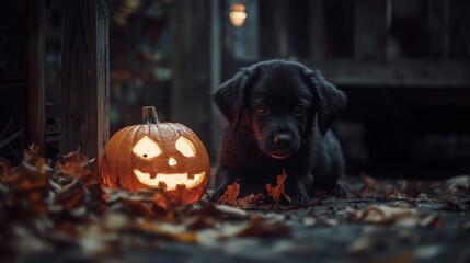 Black puppy sitting beside a carved pumpkin in autumn. Halloween celebration and pet photography concept.