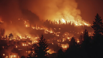 Wildfire burning down a town, highlighting climate change  -
