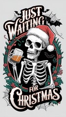 Skeleton holding a glass of beer and a santa hat