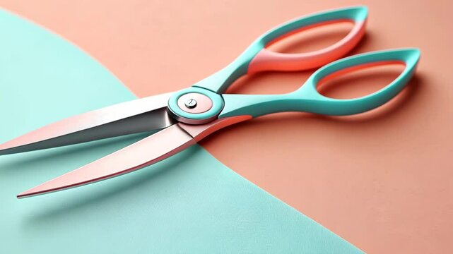 A pair of teal and orange scissors rests on a blue and orange surface