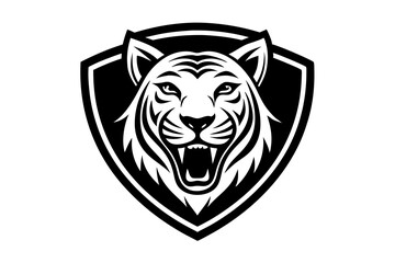 tiger head silhouette icon logo design vector illustration with shield on white