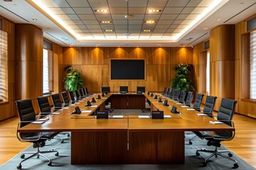 A conference room with a long table and chairs