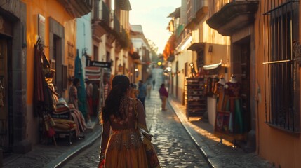 Obraz premium A woman in traditional attire walks down a sunlit cobblestone street lined with colorful fabrics and shops, capturing the essence of a vibrant, historic marketplace.