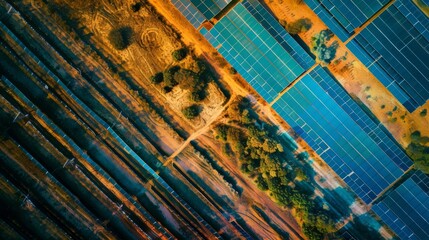 This stunning aerial photograph captures solar panels amidst a colorful, natural landscape, beautifully blending technology with nature and showcasing renewable energy harmony.