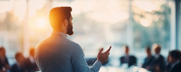 Startup founder giving a pitch to investors in a sleek conference room, business ideas in action