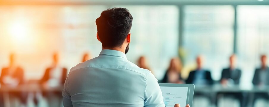 Startup founder giving a pitch to investors in a sleek conference room, business ideas in action