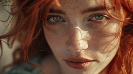 A striking close-up of a woman with vibrant red hair, captivating green eyes, and freckles, invoking a sense of beauty and intrigue amid sunlight shadows.