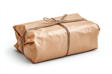 Wrapped gift package tied with twine, isolated on a white background.