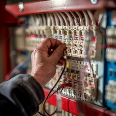 Electrical Panel Repair, Electrician Switching off Circuit Breakers in Fuse Box, Hands Closeup