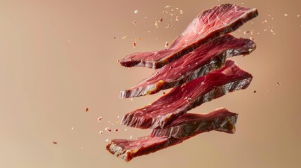 Close-up view of several slices of raw red meat suspended in mid-air against a simple beige backdrop, with visible texture and small bits of seasoning or spice.