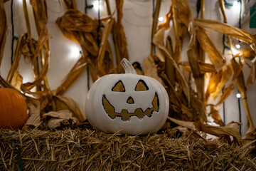 Decorated Halloween Jack-o-Lantern Pumpkin at night time.