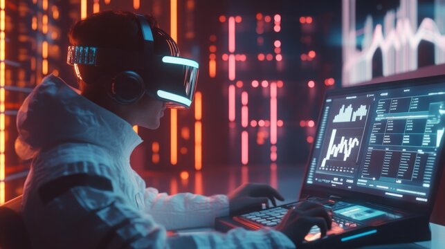 A futuristic cyberspace worker wearing a VR headset and working on a computer, surrounded by glowing screens with charts and data.