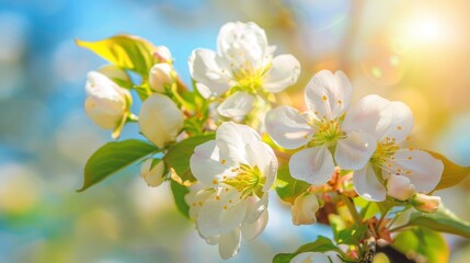 Obraz premium Beautiful white blossoms bathed in sunlight, set against a vivid blue sky, capturing the essence of spring's beauty and renewal with its vibrant and fresh energy.