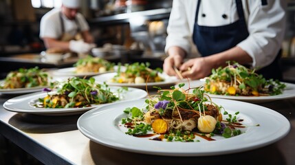 Obraz premium Chef plating gourmet dishes in a busy restaurant kitchen during dinner service