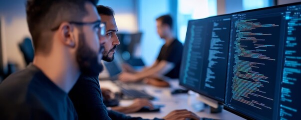 Startup founder reviewing coding scripts with a software team, focused on product development