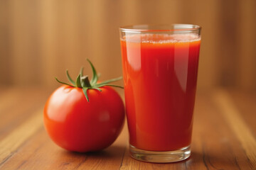 A ripe red tomato and a glass of tomato drink on a wooden table surface.  AI generative.