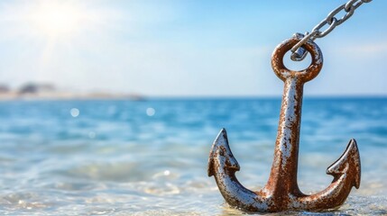 A detailed image of an anchor and chain standing on the shore in the water. The anchor metal is rusty and worn, contrasting with the fresh clear water.
