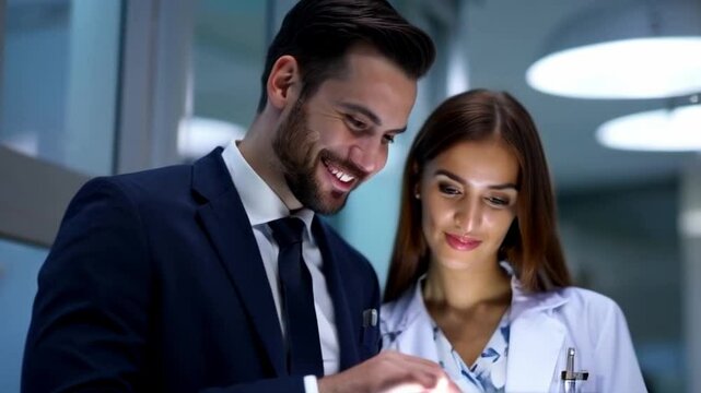 ambitious pharmaceutical sales rep presenting medication or male representative engaging with young female doctor