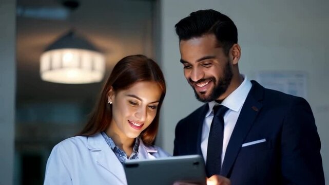 ambitious pharmaceutical sales rep presenting medication or male representative engaging with young female doctor