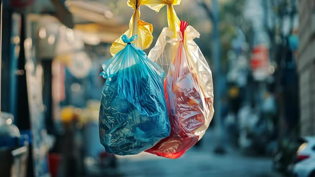 Two plastic bags hang in an alleyway, one blue and one red