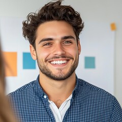 Obraz premium Startup founder smiling while receiving feedback on a new product, open to growth