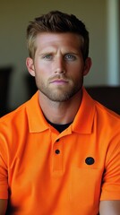 Fototapeta premium A young man sitting quietly indoors displays a serious demeanor. His bright orange shirt contrasts with his neutral background, highlighting his captivating blue eyes