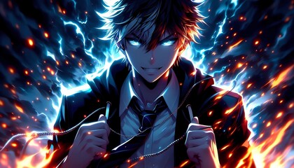 Anime guy who wields lightning and fire, anime wallpaper