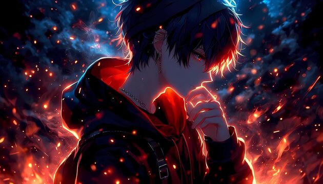 Pensive anime guy on a background of fire, anime background