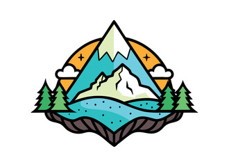 Stylized Mountain and River Landscape Illustration with Pine Trees