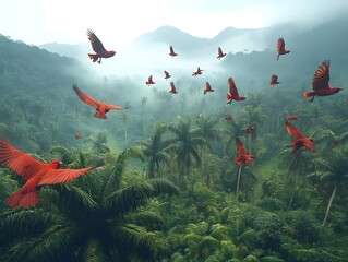 A flock of vibrant red parrots soars above a lush, mist-covered tropical rainforest, creating a stunning contrast against the rich green foliage and misty sky.