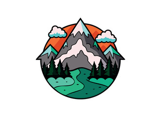 Colorful Mountain Scene Illustration with River and Pine Trees