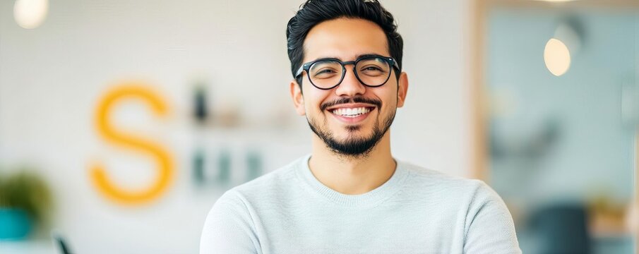 Startup founder standing in front of the company logo, proud of the startup's success