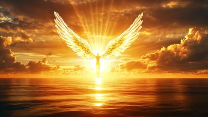 An angel with large, golden wings soars through the sky above a vast ocean during a vibrant sunset