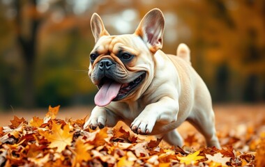 French Bulldog Playing in Autumn Leaves