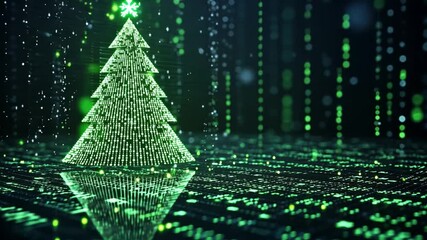 Digital Christmas tree glowing in a virtual landscape of green light and binary code - Powered by Adobe