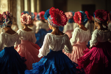 Naklejka premium Al ritmo de la música mujeres con tembleques y vestidos tradicionales panameños bailan en los pasillos de un edificio colonial.