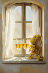 Two wine glasses filled with golden liquid next to a bunch of grapes on a windowsill, soft colors, and serene ambiance