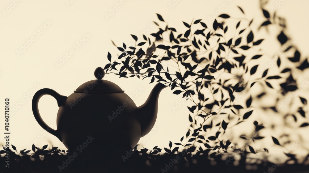 Poster The silhouette of a teapot elegantly transforms into swirling tea leaves, creating an abstract representation of brewing tea. Generative AI