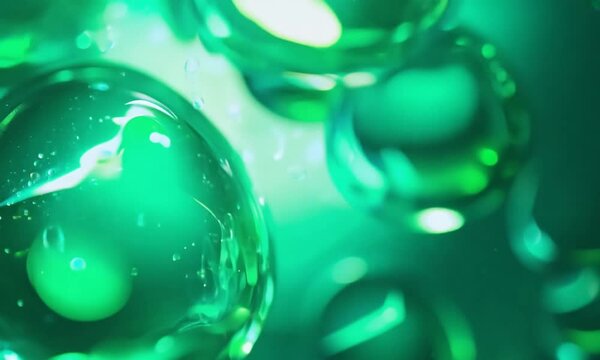 Abstract macro shot of green bubbles suspended in a viscous liquid. The bubbles are translucent, with shimmering lights and reflections inside. The camera moves slowly, focusing on the bubbl
