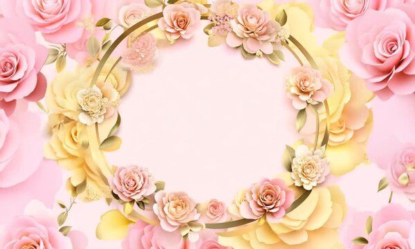 Animated floral background with a pink and yellow color palette. The video features pink and yellow roses appearing around a gold circle frame. Petals float gently in the background.