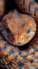 Fototapeta premium A striking snake with rich orange and blue scales rests in a coiled position, showcasing its intricate patterns under the warm sunlight in a natural environment