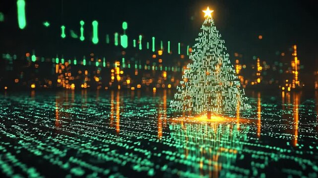 A vibrant digital Christmas tree shines in a futuristic holiday landscape
