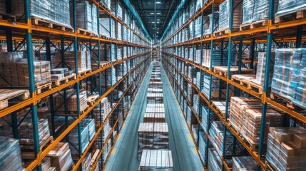 Fototapeta premium A dynamic distribution center brimming with merchandise ready for shipment, symbolizing the pulse of international commerce, photography style