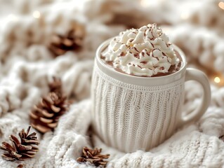 hot cocoa with whipped cream on warm blanket winter coziness cozy vibes woody cones