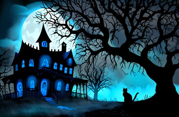 Fototapeta premium A black cat under a spooky tree with eerie blue lights and mist